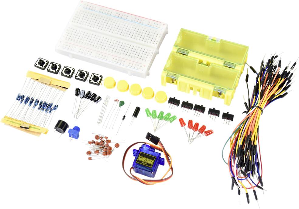 Elektroniskt byggsats med olika komponenter som breadboard, motststånd, LED-lampor, kablar, switchar och servomotor.