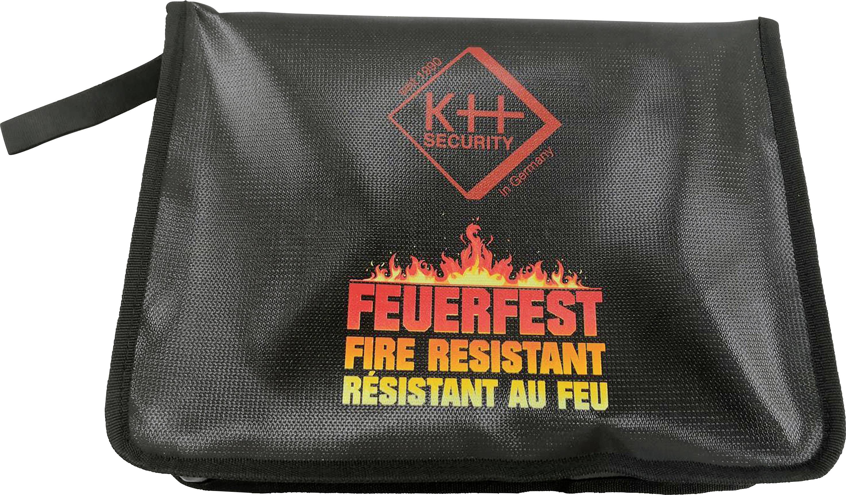 Svart brandsäker väska med röda och gula texter: 'Brandsäker, Fire Resistant, Résistant au Feu'.