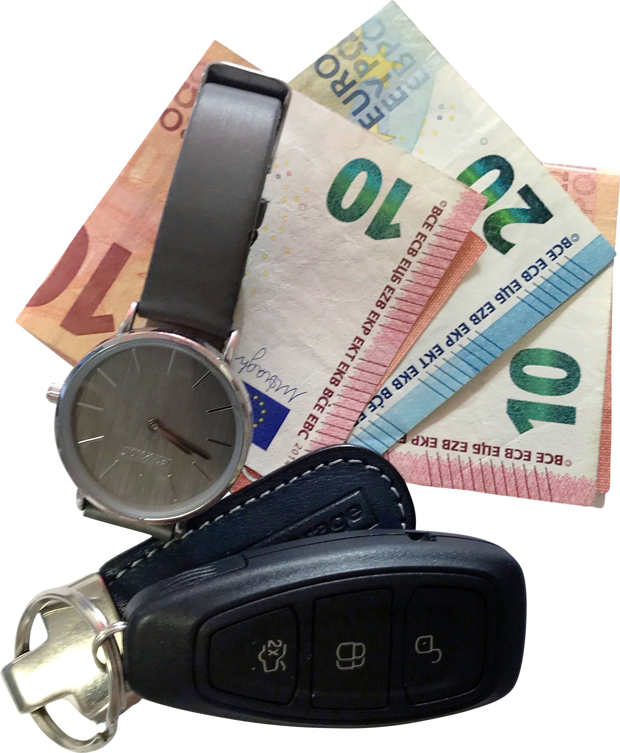 En armbandsur, eurosedlar och bilnycklar; symboliserar rikedom och rörlighet.