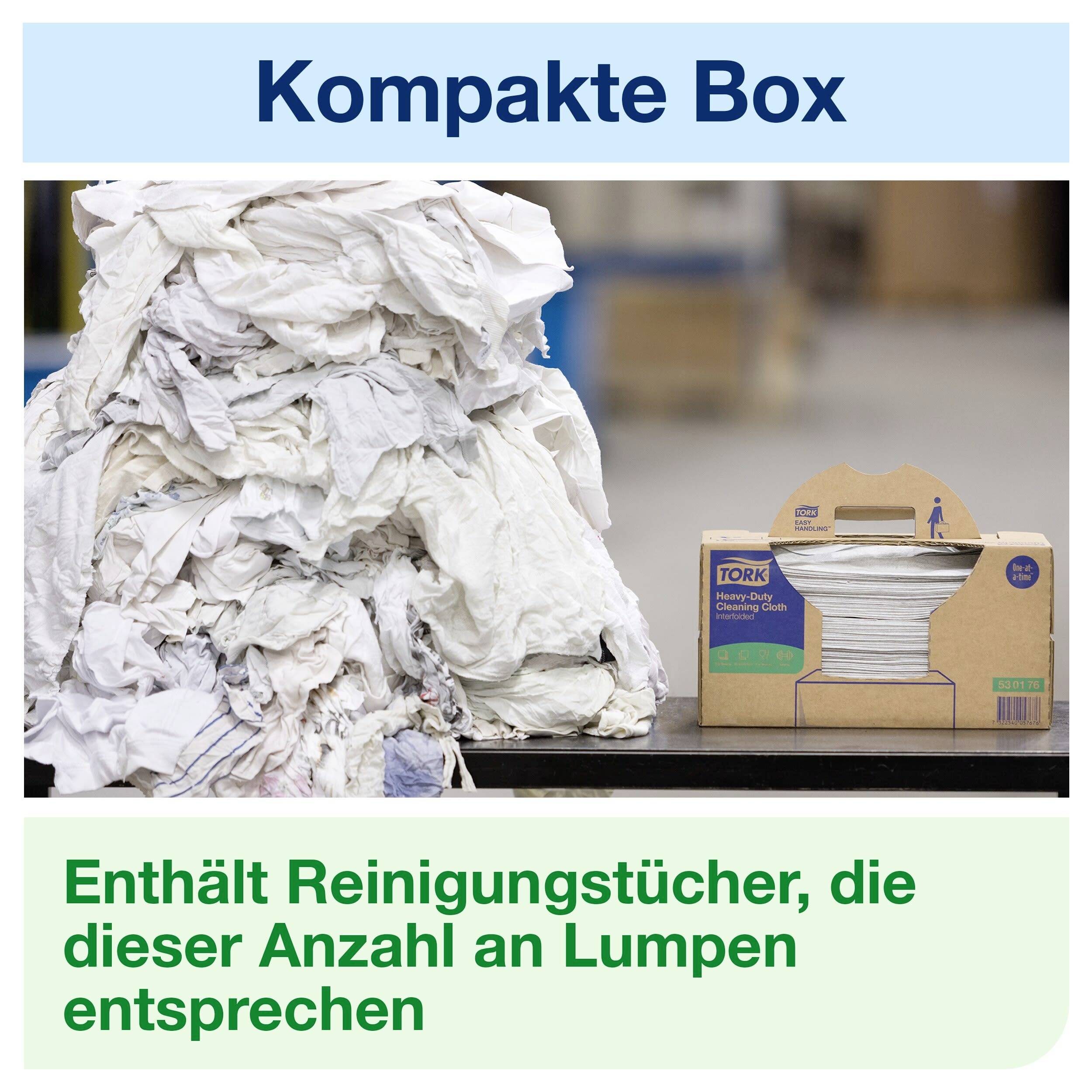 'Kompakt box' med rengöringsdukar bredvid en hög trasor. Text: 'Innehåller rengöringsdukar som motsvarar denna mängd trasor'.