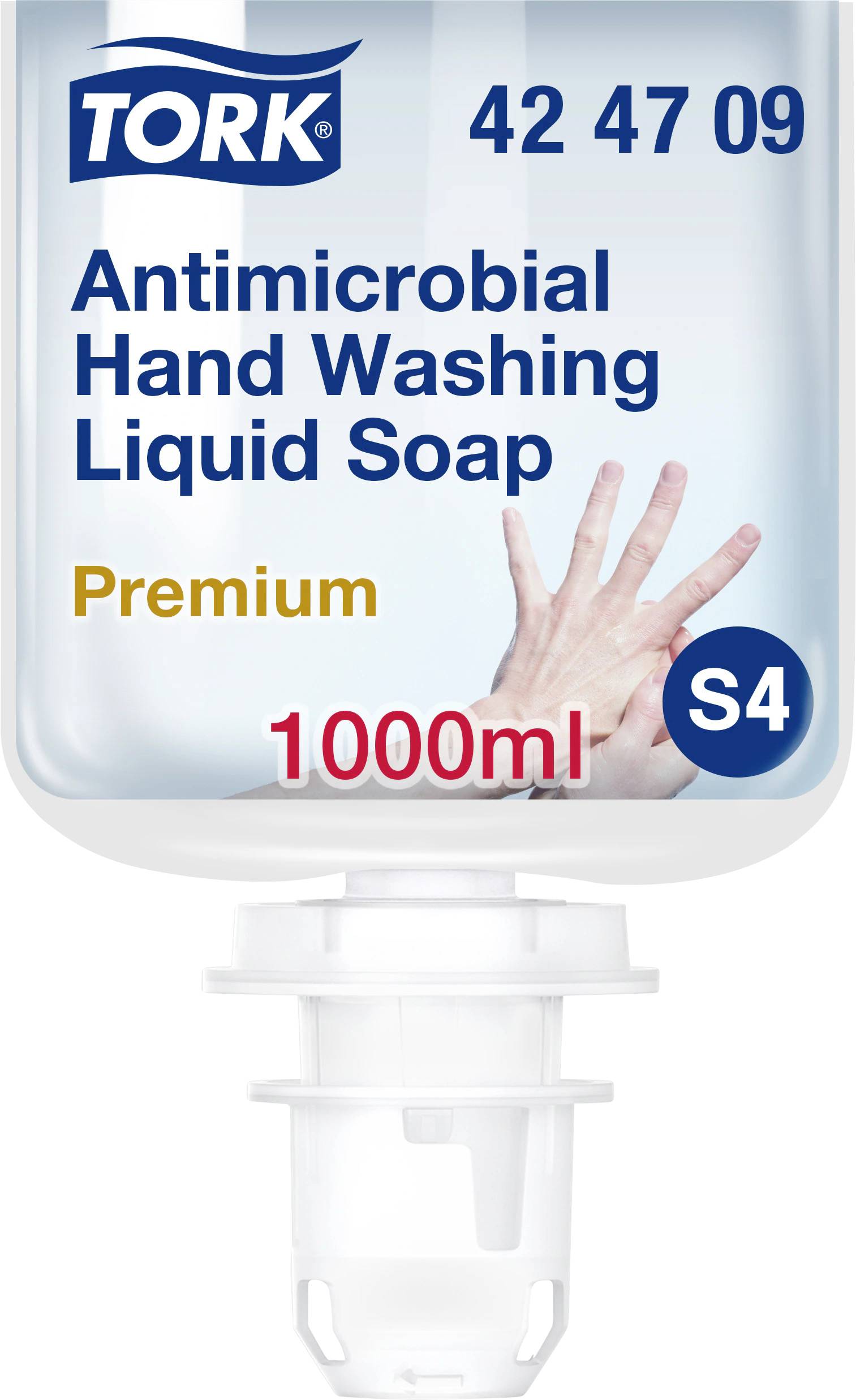 Flaska 'Tork Antimikrobiell Handtvål Premium S4', 1000 ml, med blå text och bild av händer.