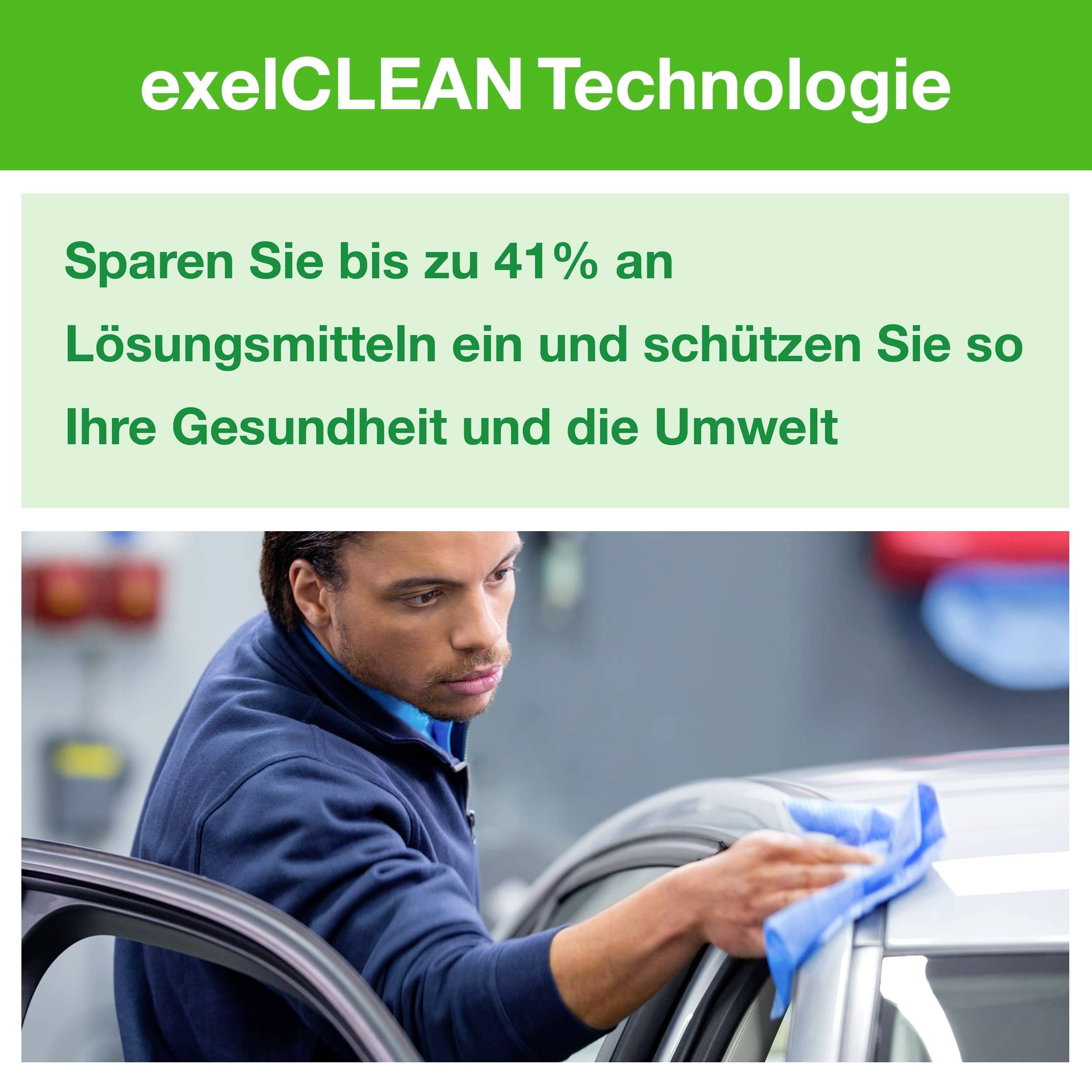 'ExelCLEAN Teknologi: Spara upp till 41% på lösningsmedel och skydda därmed din hälsa och miljön.' En man rengör en bil med en trasa.