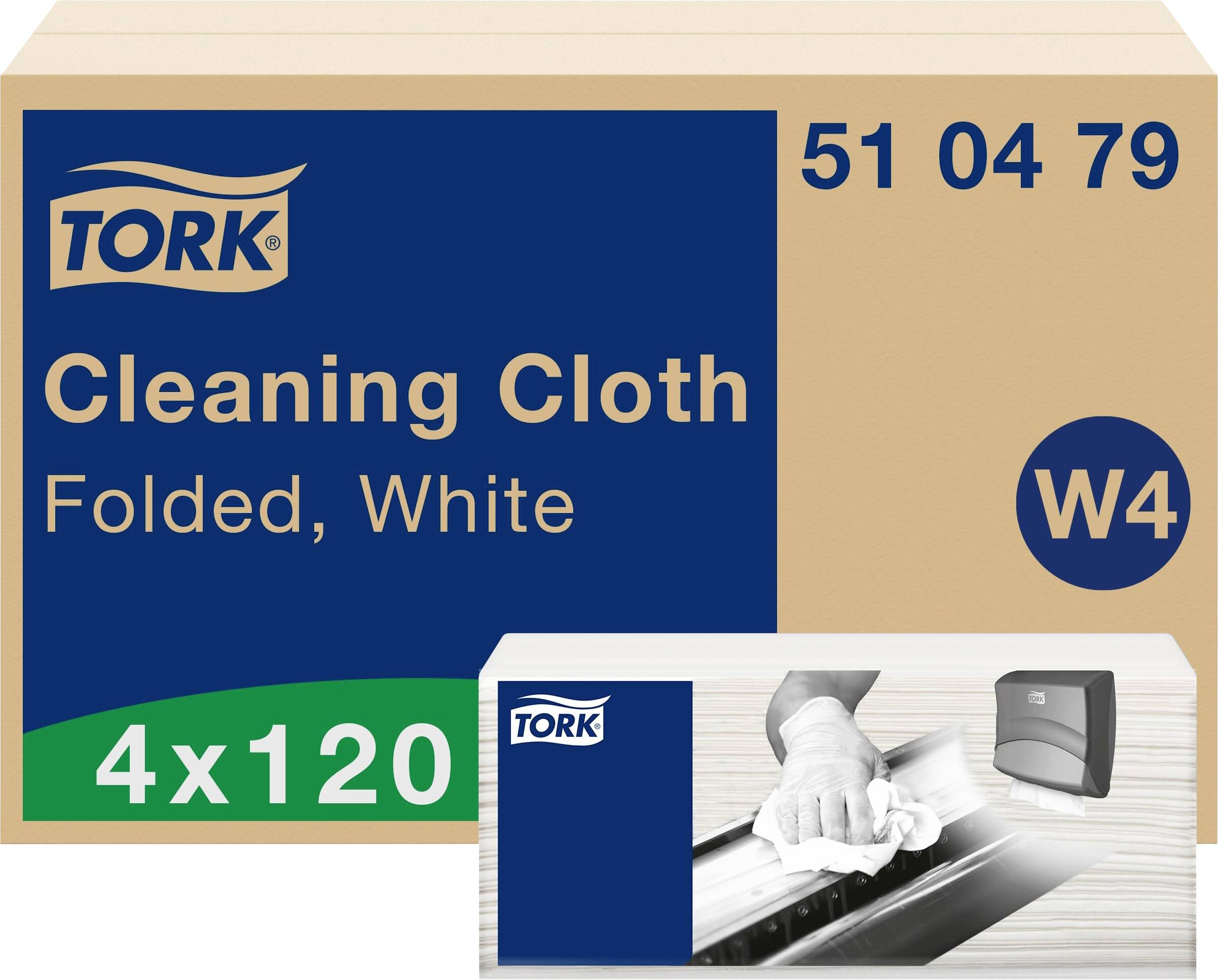 'Förpackning för Tork rengörings- och städdukar, vita, vikbara i W4-systemet, 4 paket med 120 dukar vardera.'