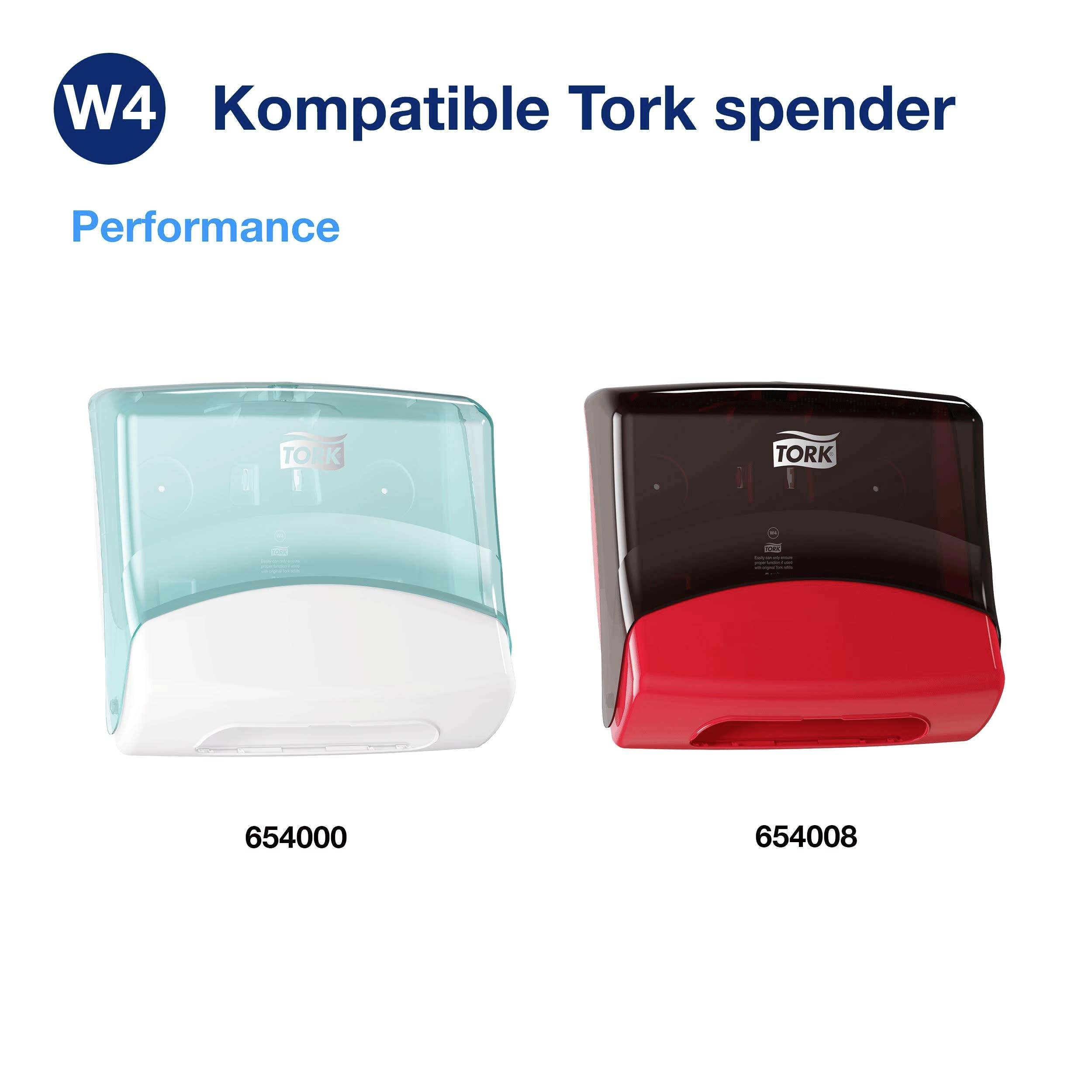 Två Tork-dispensrar, en i ljusblått-vitt (modell 654000) och en i rött-svart (modell 654008), under beteckningen 'W4 Performance'.