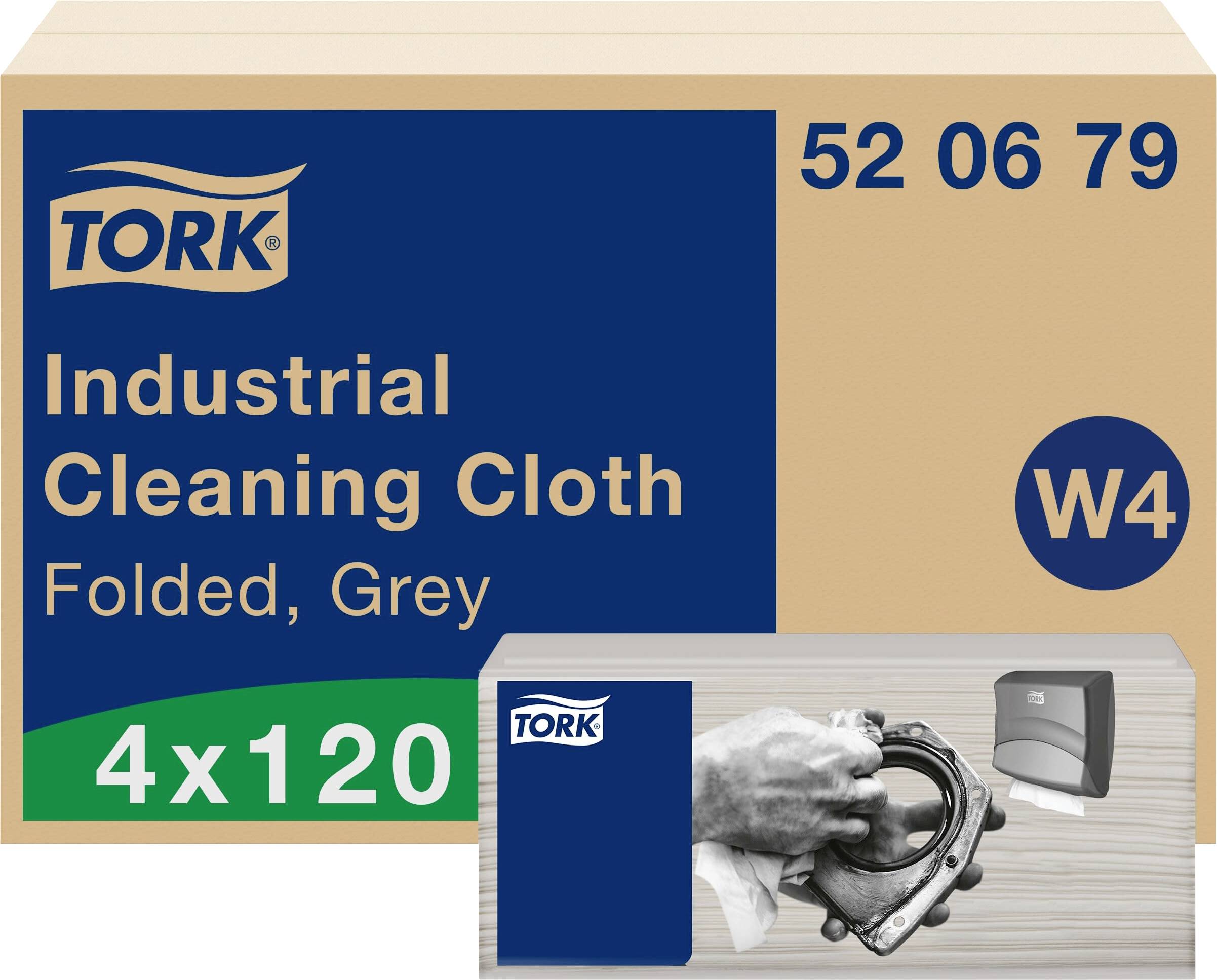 Förpackning av Tork Industrial Cleaning Cloth, vikta, grå. Innehåller 4 paket à 120 dukar.