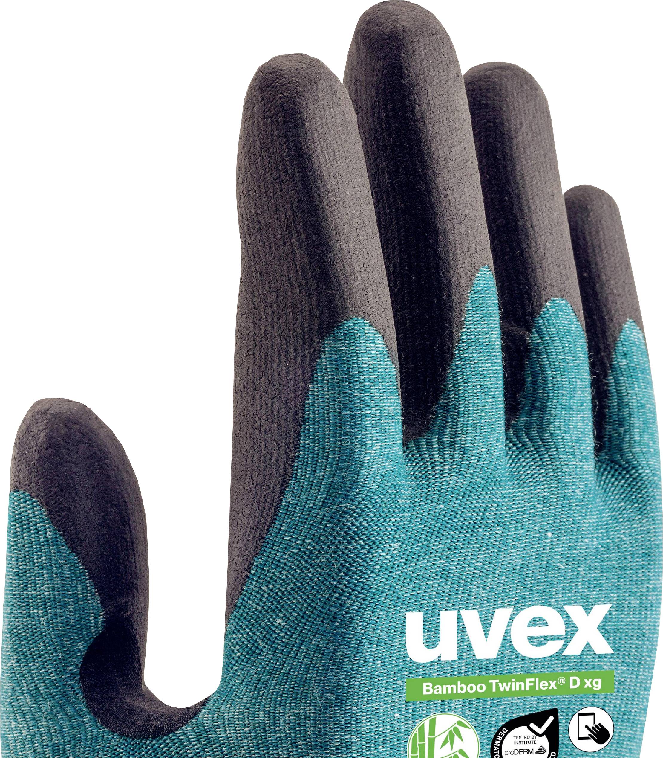 Handske med grön tyg och svart beläggning. Påskrift: 'uvex Bamboo TwinFlex® D xg'. Lämplig för skydd och greppförmåga.