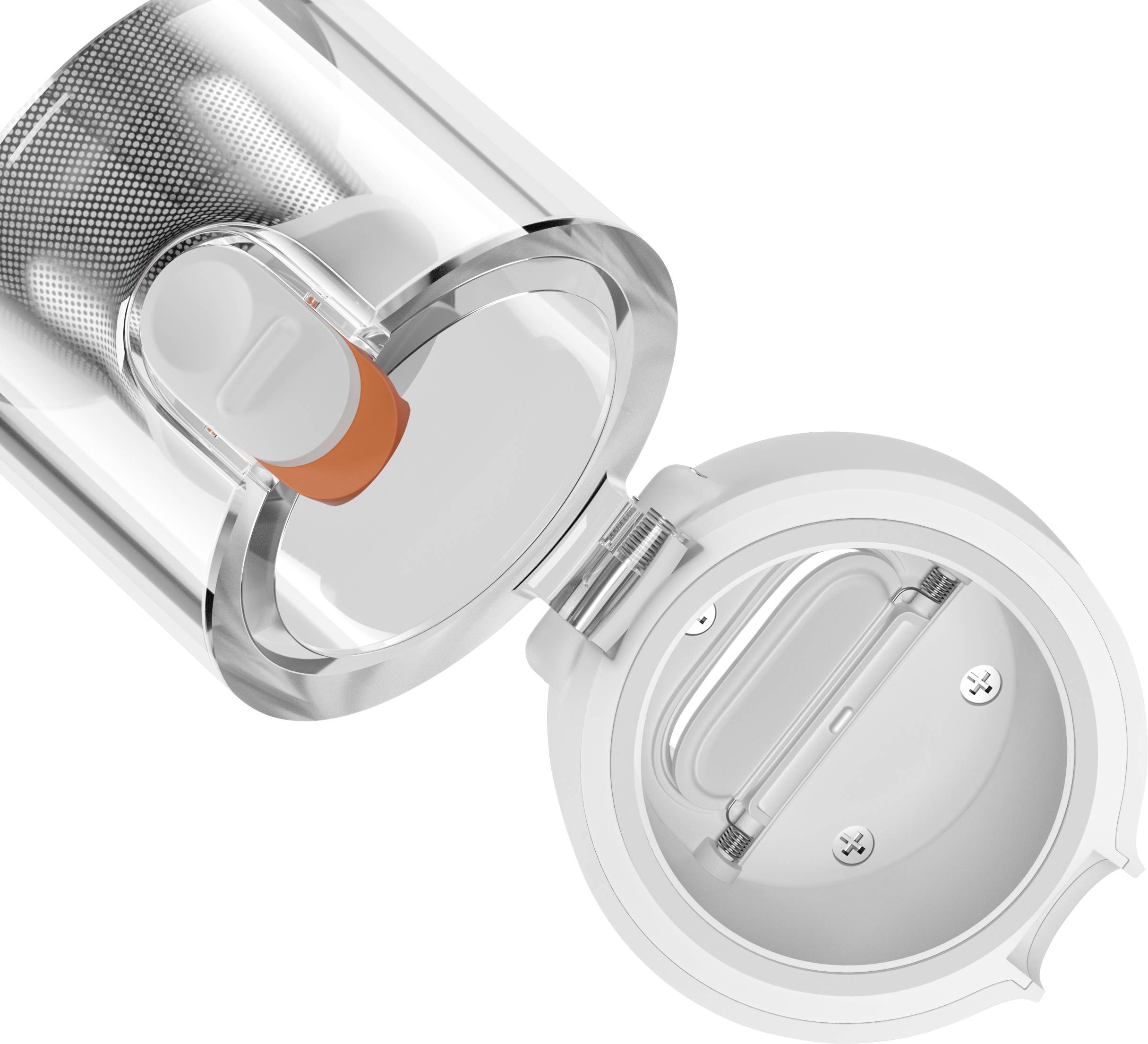 En tekanna med avtagbart rostfritt stålfilter och orange handtag, öppnad, visar insidan och den runda lockets lucka.