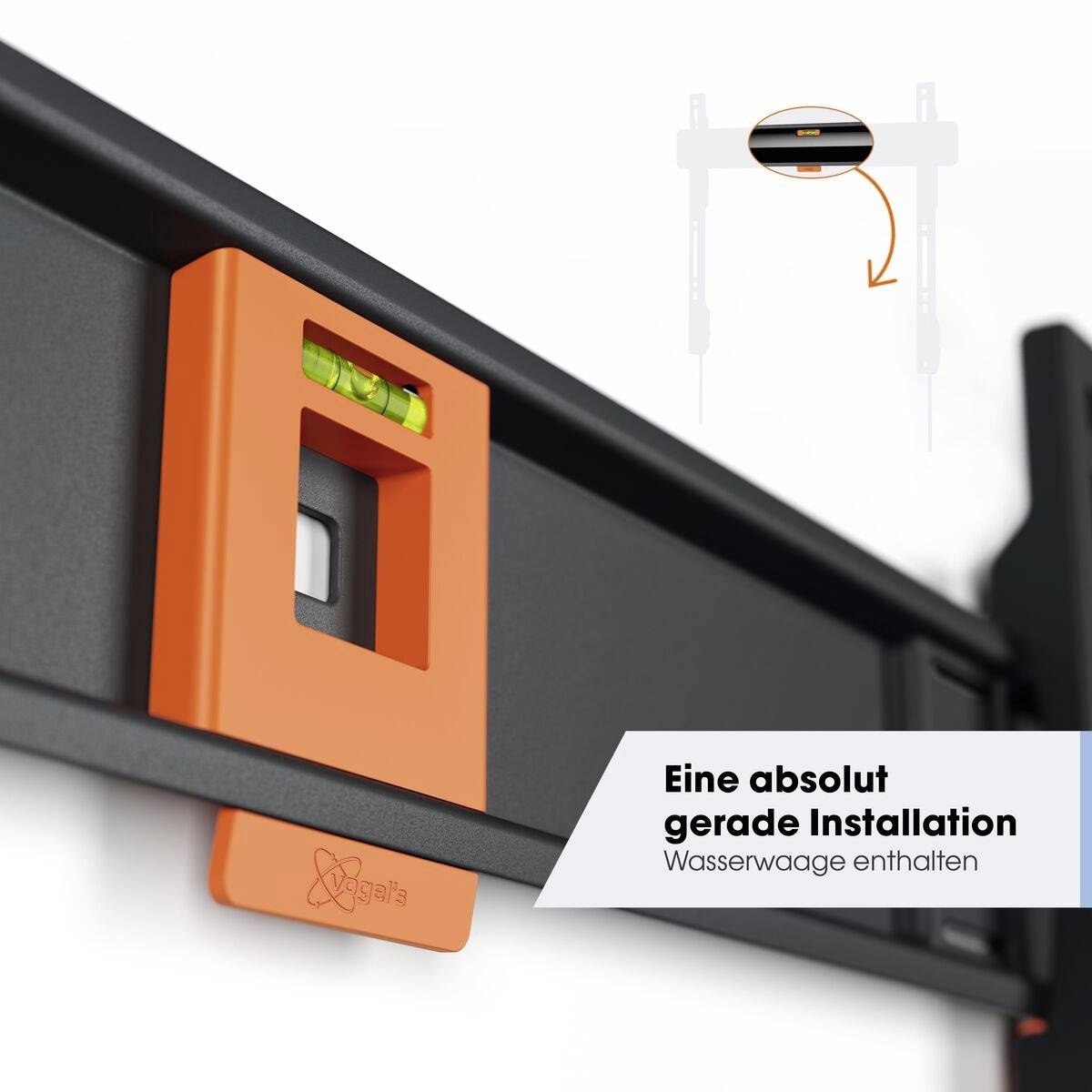 Monteringshjälp med integrerad vattenpass för exakt installation, i svart och orange, med detaljerad illustration.
