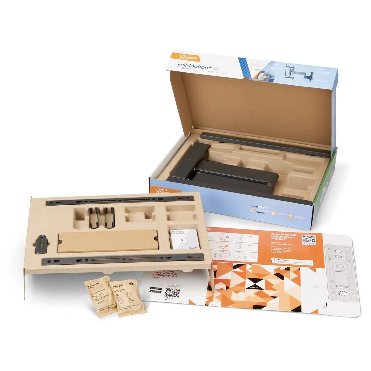 En öppen kartong visar delarna till en monterbar TV-väggfäste, tillsammans med bruksanvisning och verktyg. Förpackningen ligger bredvid.