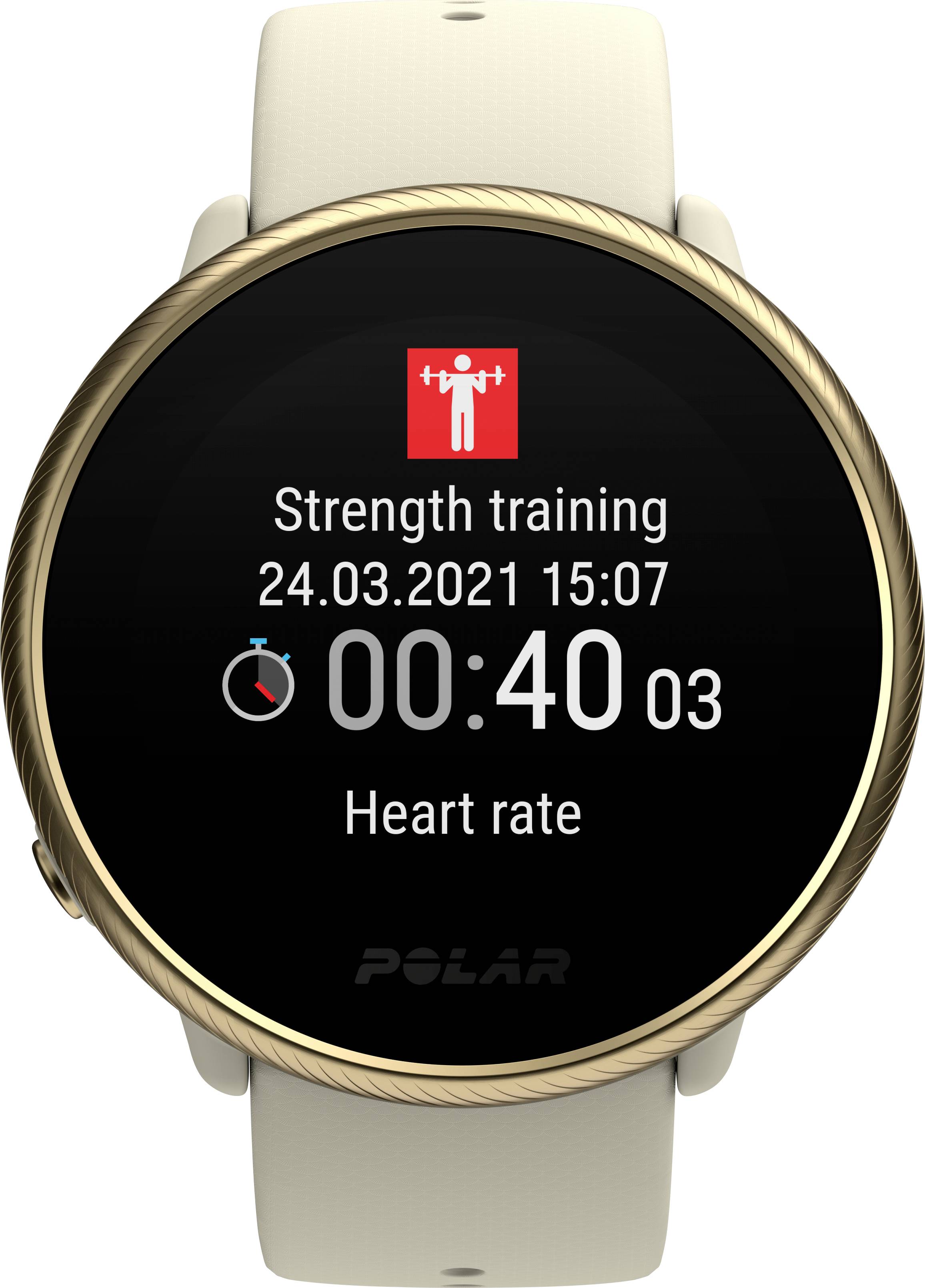 En smartwatch visar 'Styrketräning', datum 24.03.2021, tid 15:07, en klocka vid 00:40:03 och 'Hjärtfrekvens'.