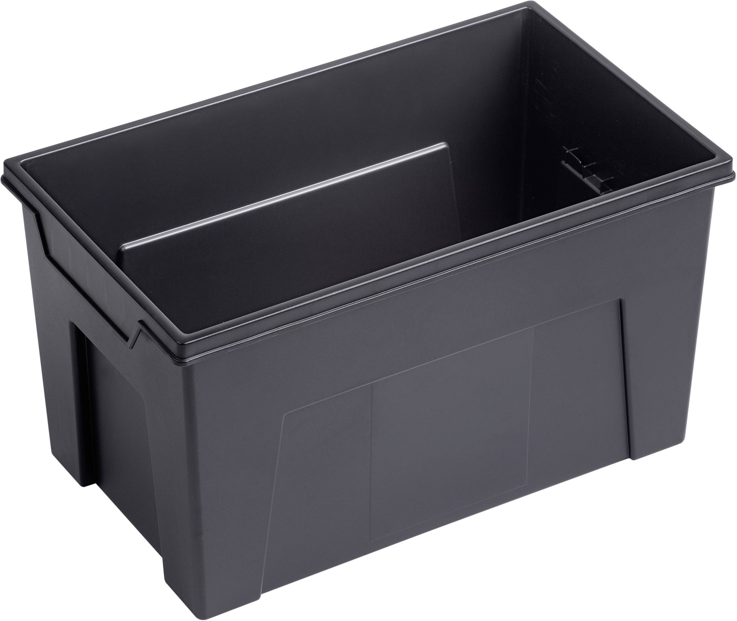 Svart plastlåda med rektangulär form. Den har inga synliga lock eller handtag och är lämplig för lager- eller transportändamål.