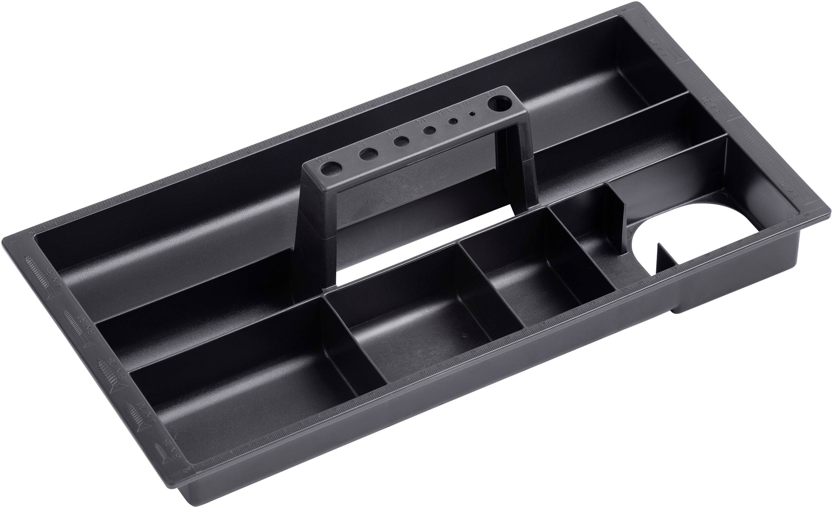 Svart verktygslåda med flera fack, med ett handtag i mitten, mindre fack för smådetaljer på vänster och höger sida.