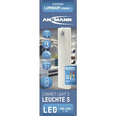 Förpackning för en Ansmann Luminary Sensor S LED-skåpbelysning. Produktegenskaper: Rörelsesensor, Micro-USB, justerbar färgtemperatur.