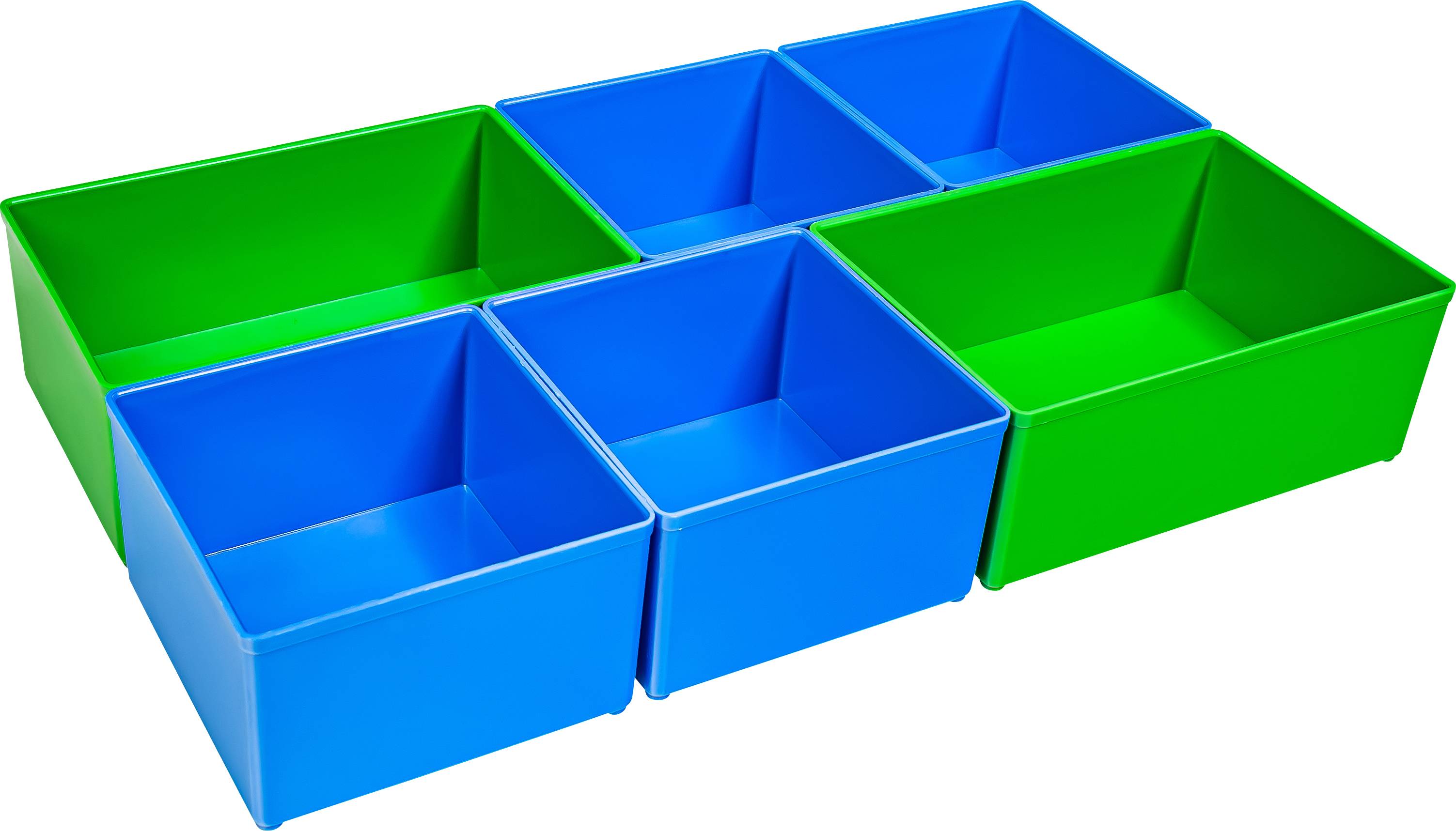 Blå-gröna förvaringsboxar, rektangulärt staplade, tre blå, två gröna. Perfekt för prydlig förvaring och organisering.