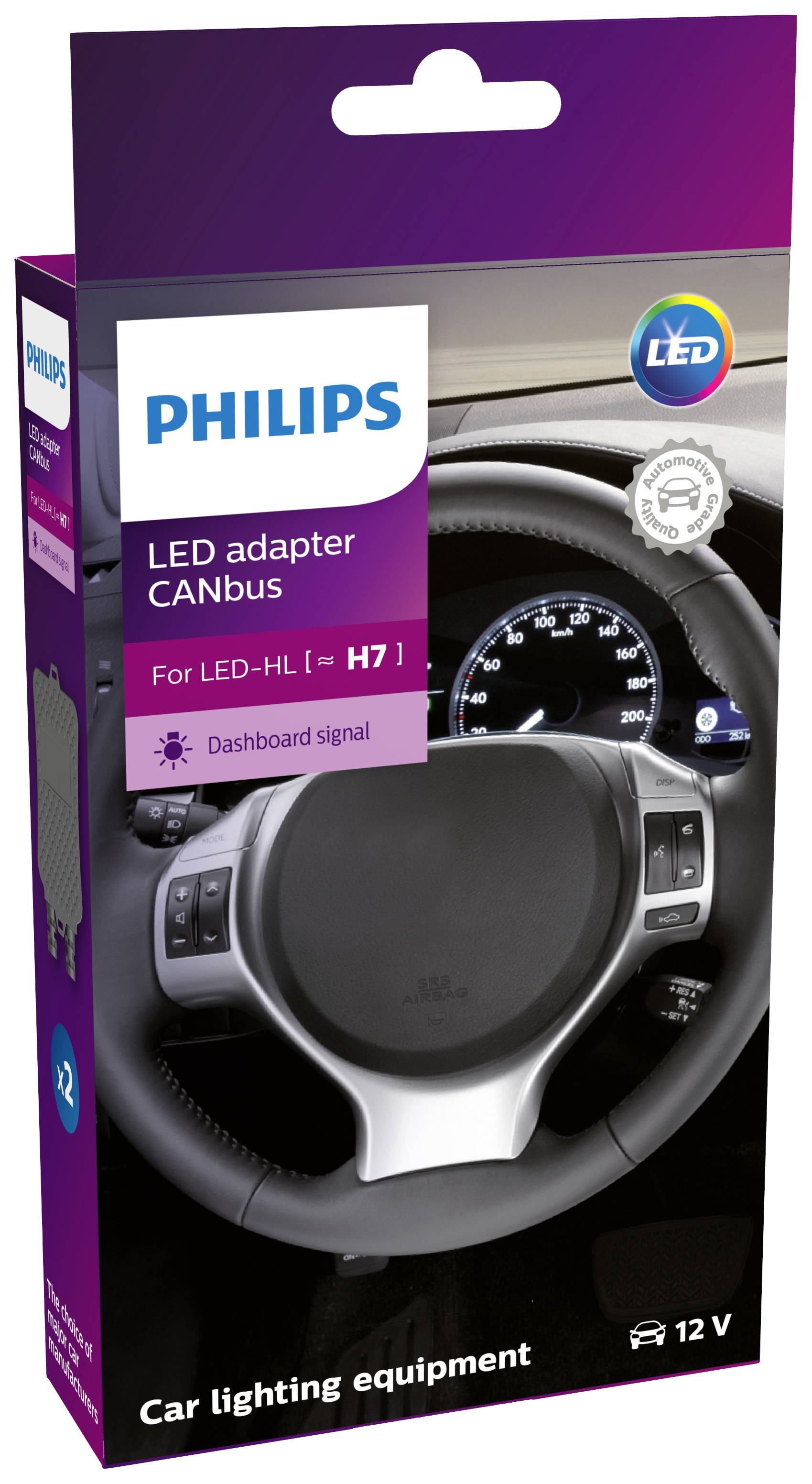 Förpackning för en Philips LED-adapter för CAN-busssystem, kompatibel med LED-strålkastarlampor [= H7]. Visar en belyst instrumentpanel.