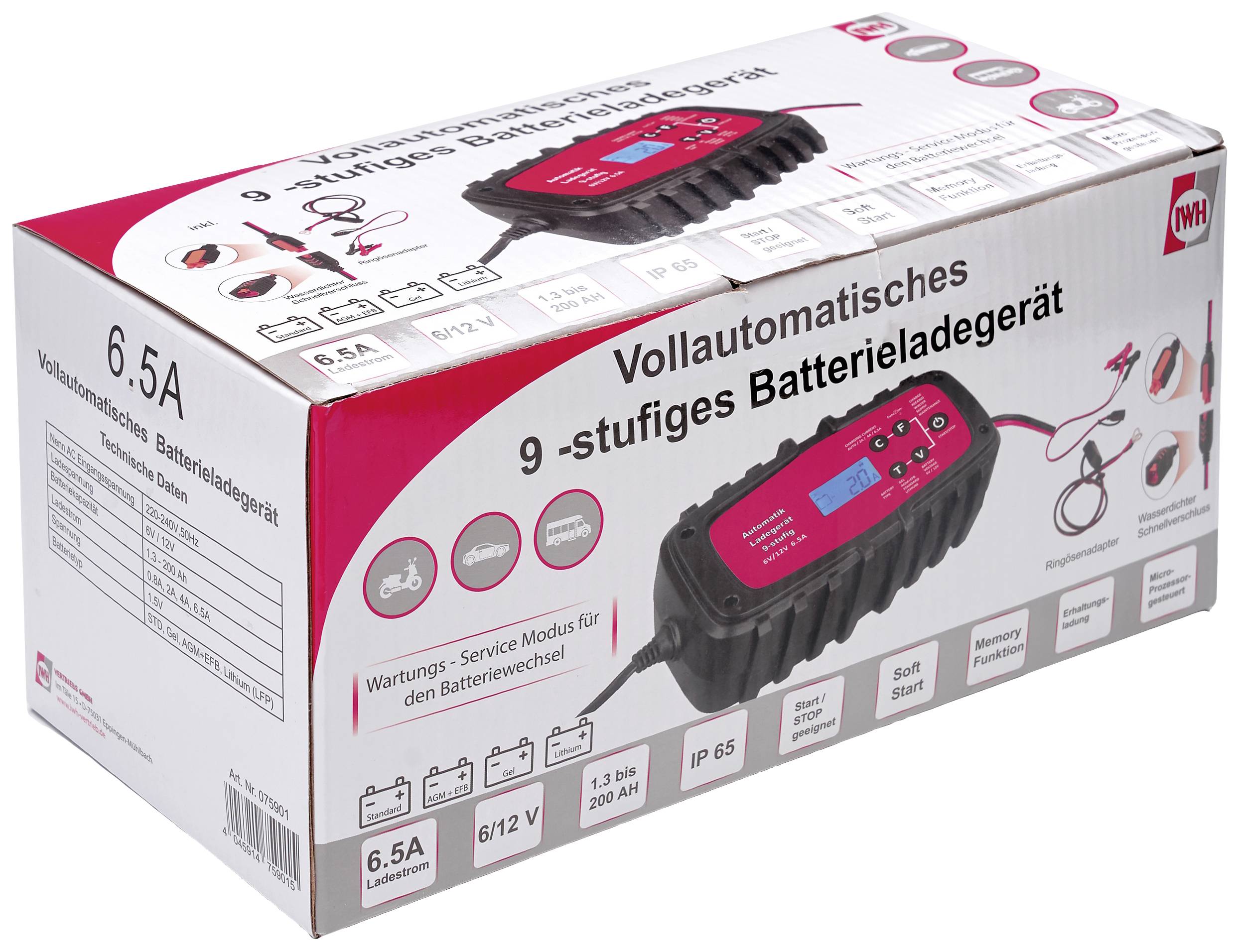 Helautomatisk 9-stegs batteriladdare, 6,5A, för bilar, motorcyklar och båtar, med underhållsläge och LED-display.