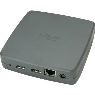 En grå nätverksadapter med påskriften 'silex technology', utrustad med två USB-portar, en Ethernet-port och en strömport.