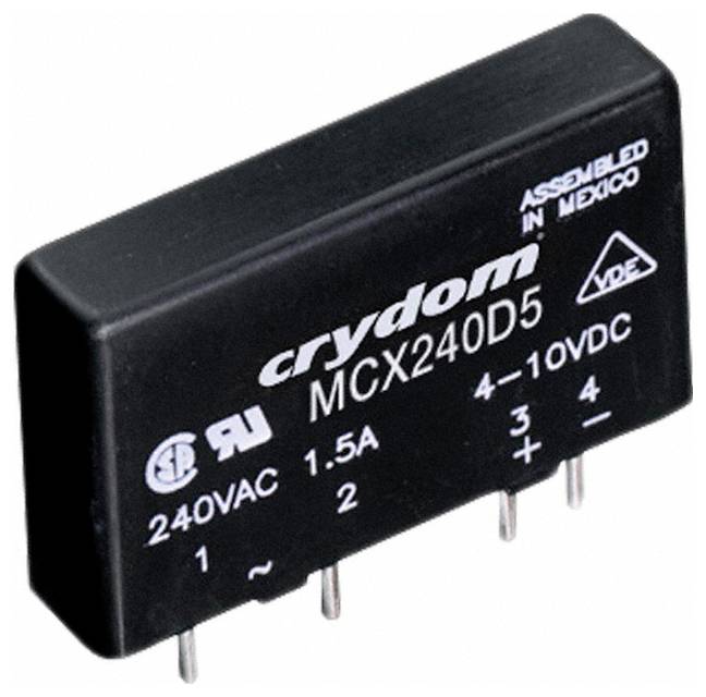 'Crydom MCX240D5' solid-state relay med 240VAC, 1,5A, 4-10VDC-specifikationer, visar ett rektangulärt svart hölje och metallstiften.