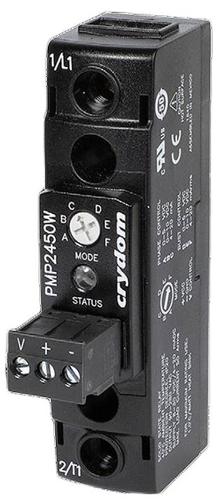 Crydom PMP2450W solid state-relä i svart hölje, visar ingångs-/utgångsportar, läges- och statusindikatorer, samt modellinformation.
