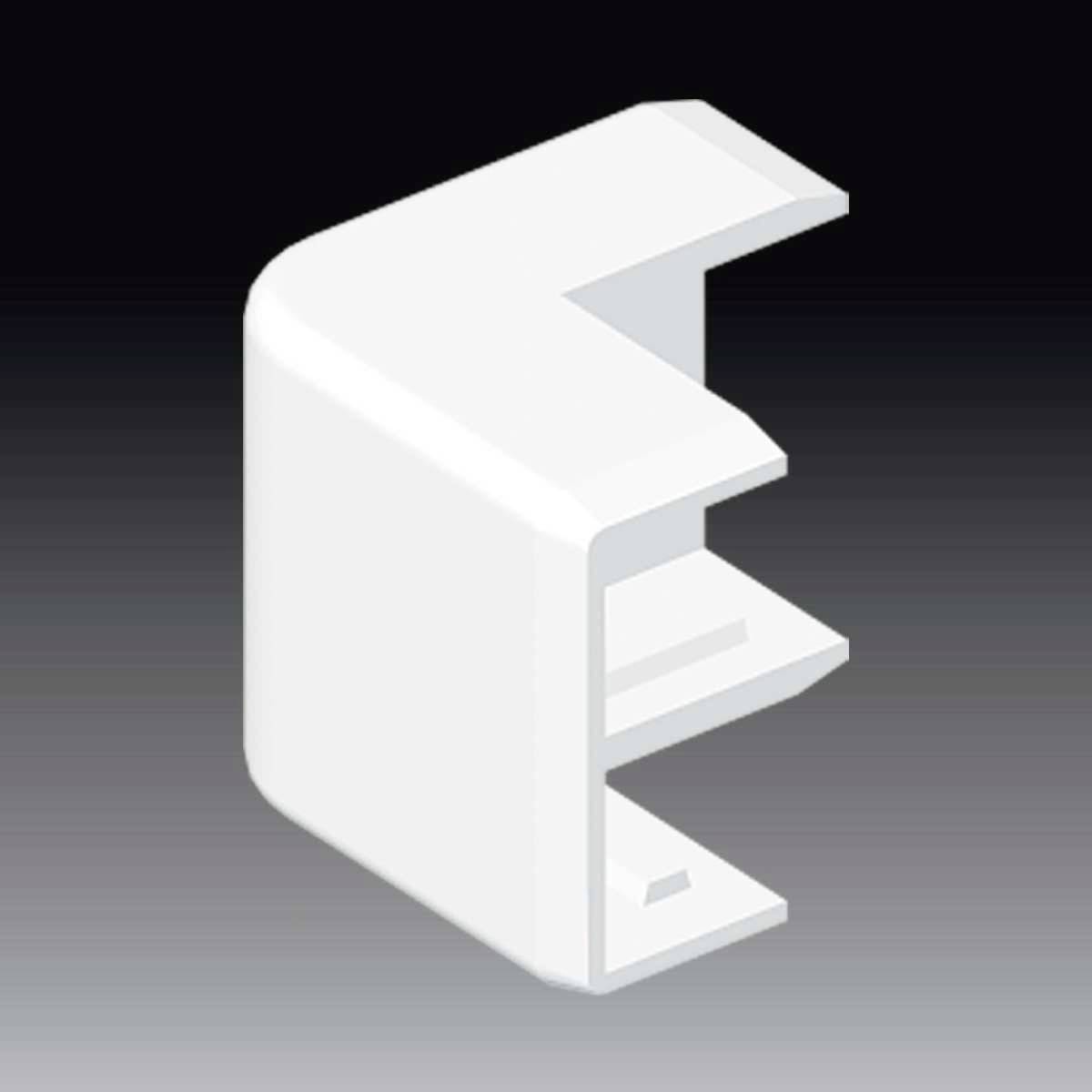 En 3D-modell av ett vitt, L-format anslutningsstycke med två skåror, framför en mörk bakgrund.