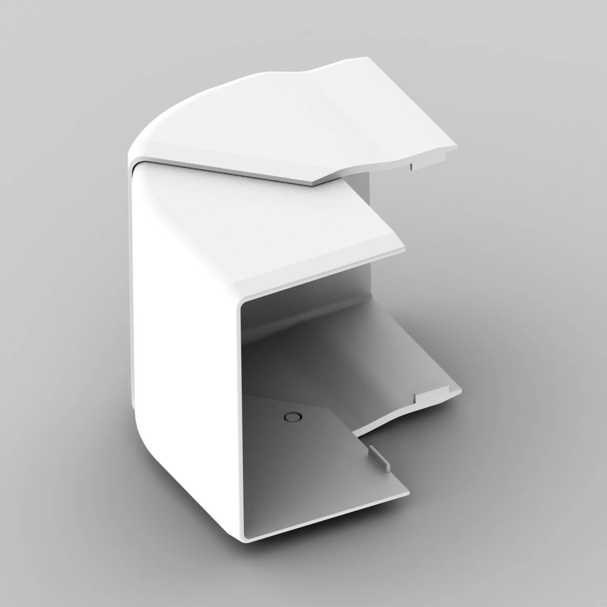 Ett vitt, modernt, minimalistiskt föremål i form av en kompakt, öppen hylla eller hållare mot en grå bakgrund.