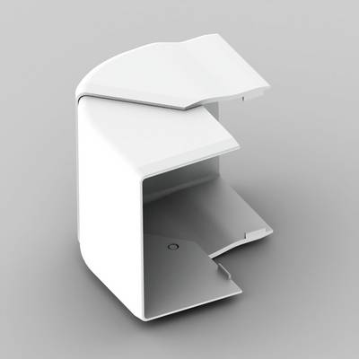 Ett vitt, modernt, minimalistiskt föremål i form av en kompakt, öppen hylla eller hållare mot en grå bakgrund.