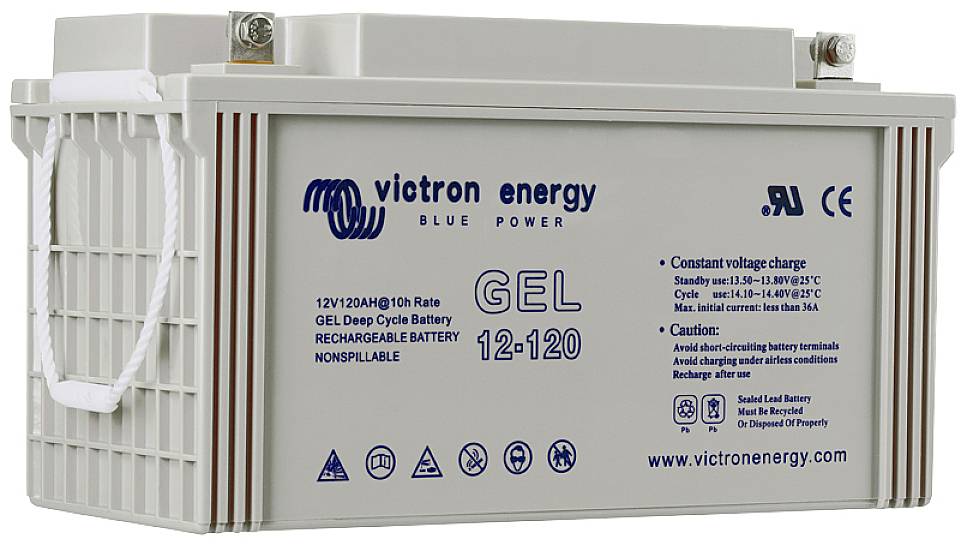 Victron Energy 12-120 gelbatteri med blå text och tekniska data på framsidan, lämplig för djupa cykler.