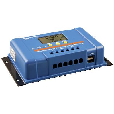 En blå solcellsladdningsregulator med display och USB-port, lämplig för solcellssystem. Visar aktuell laddningsinformation på skärmen.