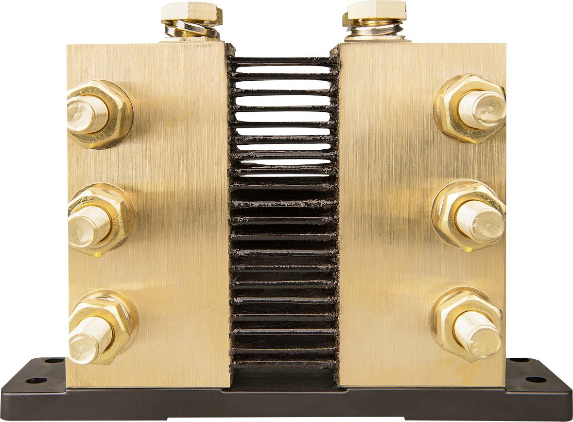 Kopparsamlingsskenor med flera skruvförbindningar och lameller, använda för strömfördelning i elektriska system.