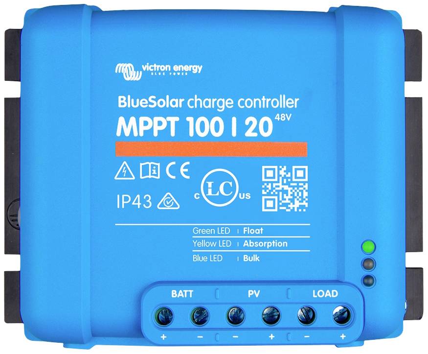 'Blå solcellsladdregulator från Victron Energy, modell BlueSolar MPPT 100/20 48V, med indikatorer för batteristatus och laddning.'