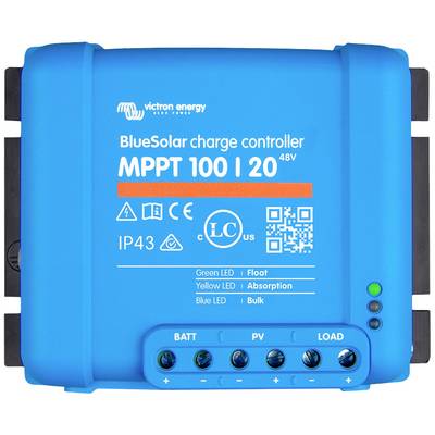 'Blå solcellsladdregulator från Victron Energy, modell BlueSolar MPPT 100/20 48V, med indikatorer för batteristatus och laddning.'