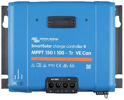 Blå Solar-laddregulator från Victron Energy med texten 'SmartSolar charge controller MPPT 150 I 100 - Tr VE.Can'.