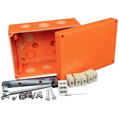 Orange, rektangulär grenrör med öppet lock. Innehåller skruvar, metallhållare och klämmor. Lämplig för elinstallationer.