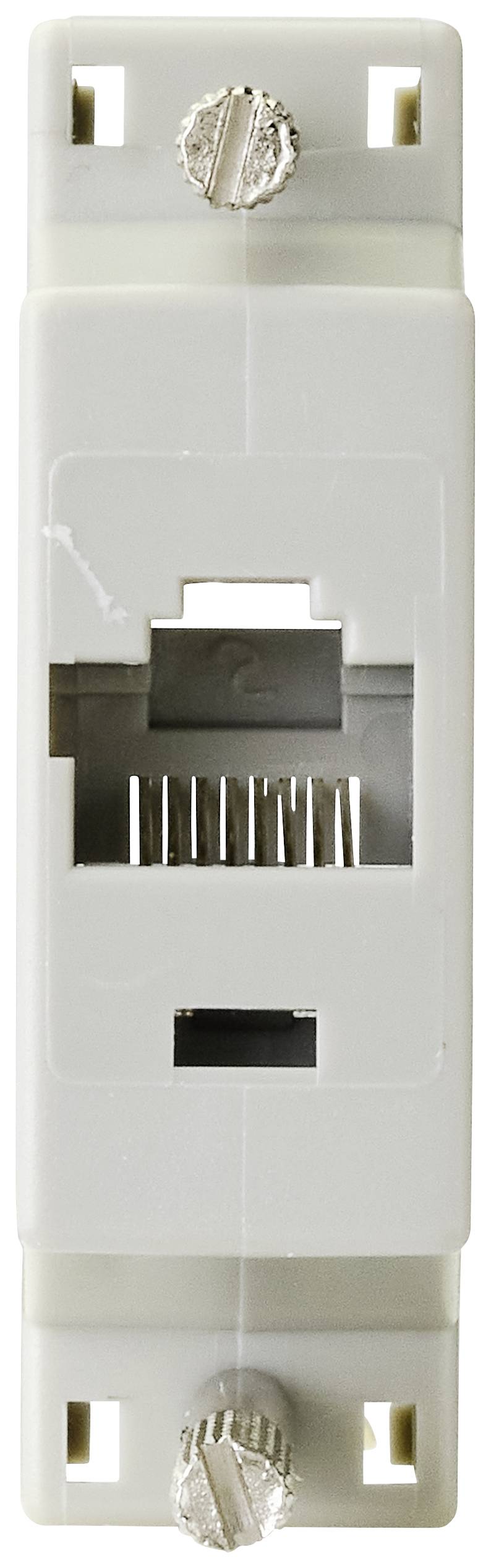 En vit vägguttag med RJ45-kontakt, lämplig för nätverksanslutningar, avbildad framifrån, två skruvar upptill och nedtill.