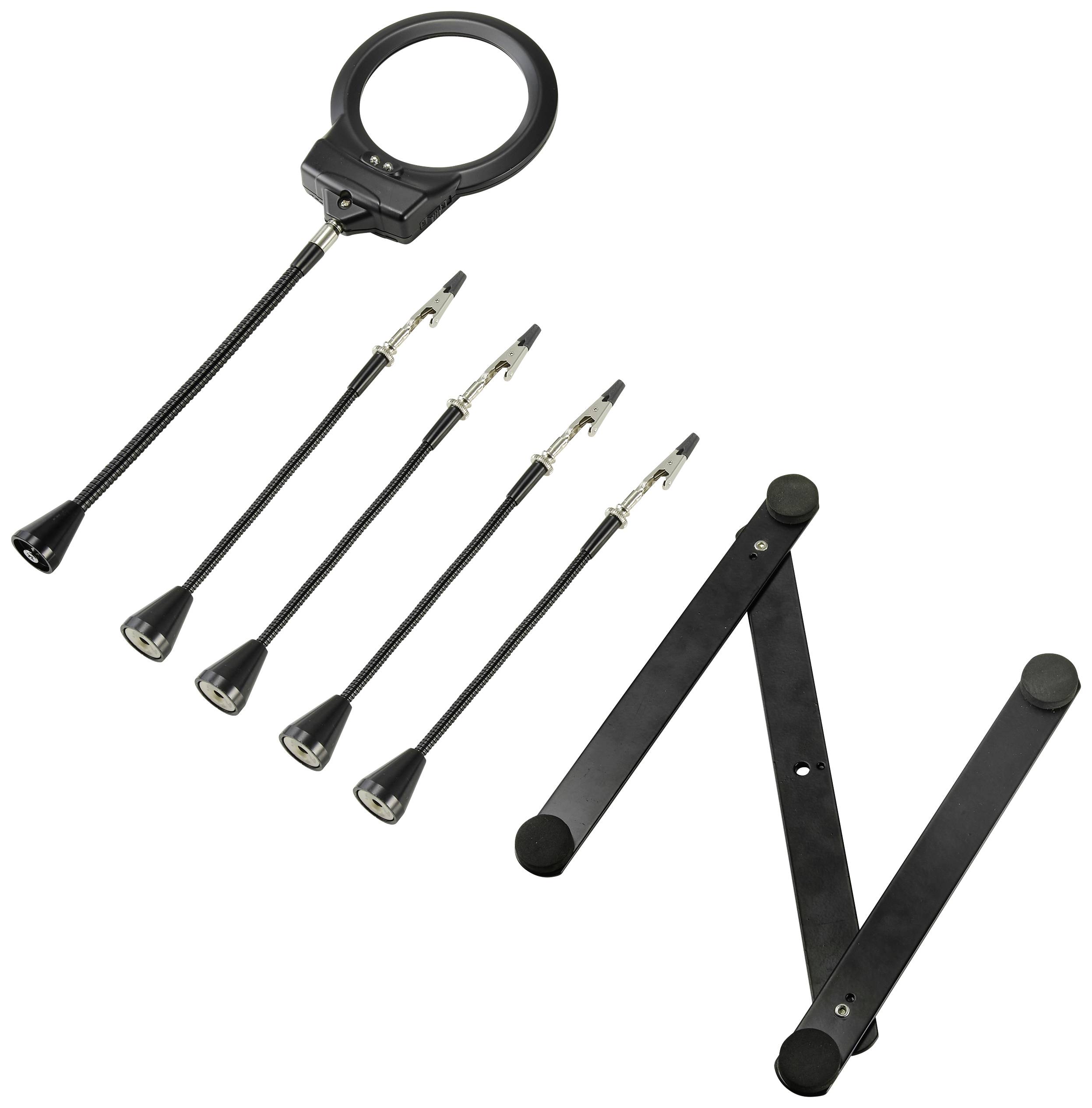 Förstoringslupp med flexibel hals och olika clips. Innehåller två långa och tre korta armar. Perfekt för precisionsarbeten.