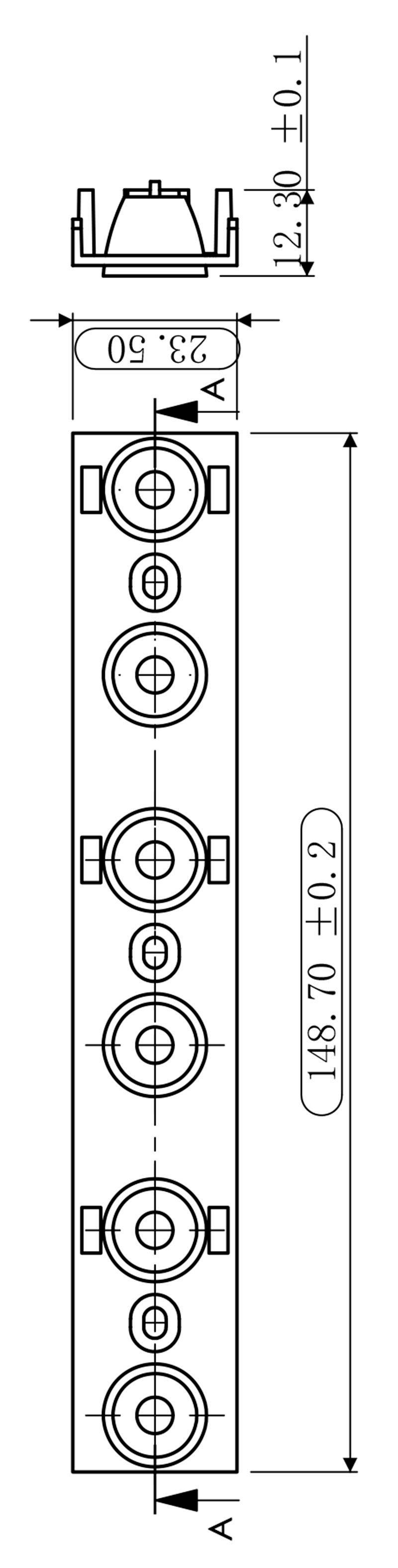 Teknisk ritning av en list med fem runda öppningar och mått: Höjd 12,30 ± 0,1 mm, längd 148,0 ± 1,2 mm, bredd 22,50 mm.