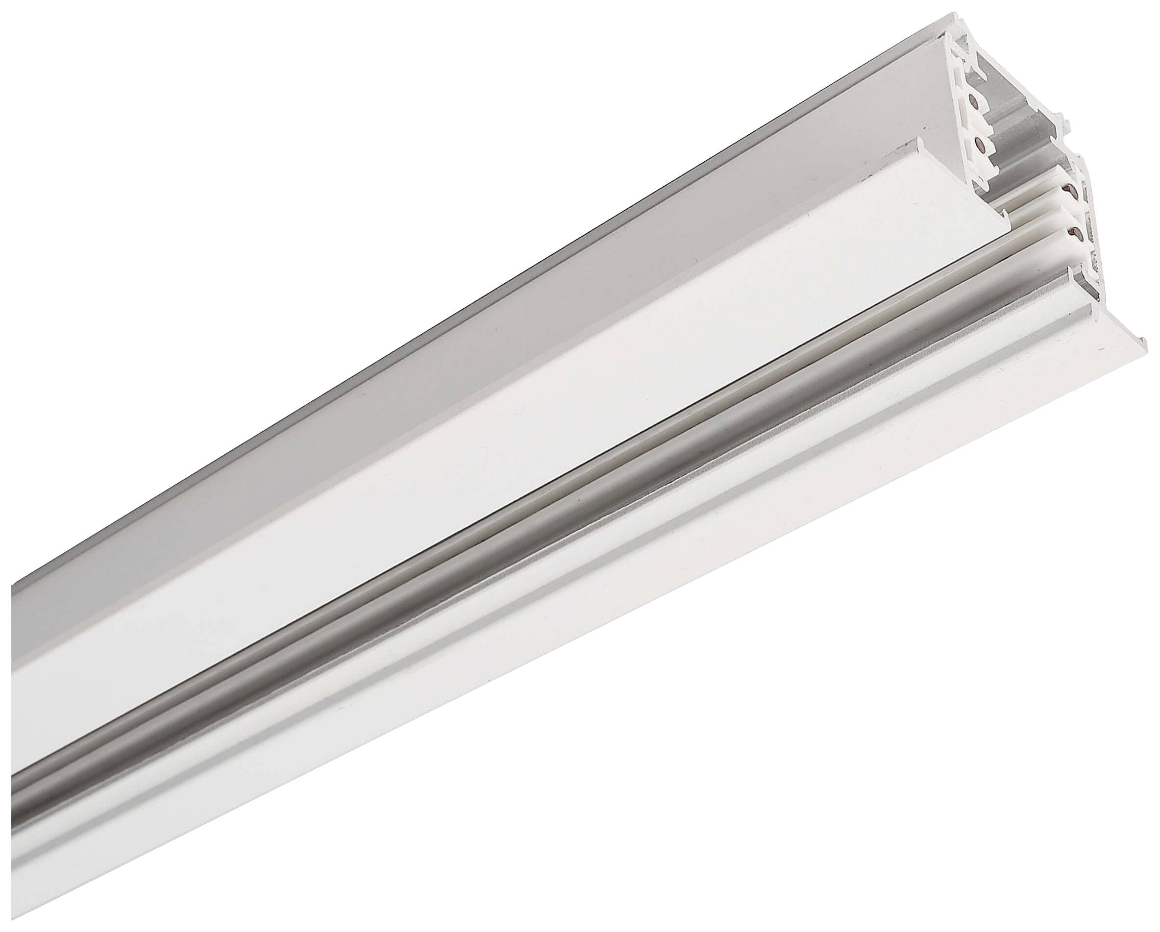 Vit aluminiumskena, möjligen för belysningssystem, med ett smalt, modernt profil, på vit bakgrund.