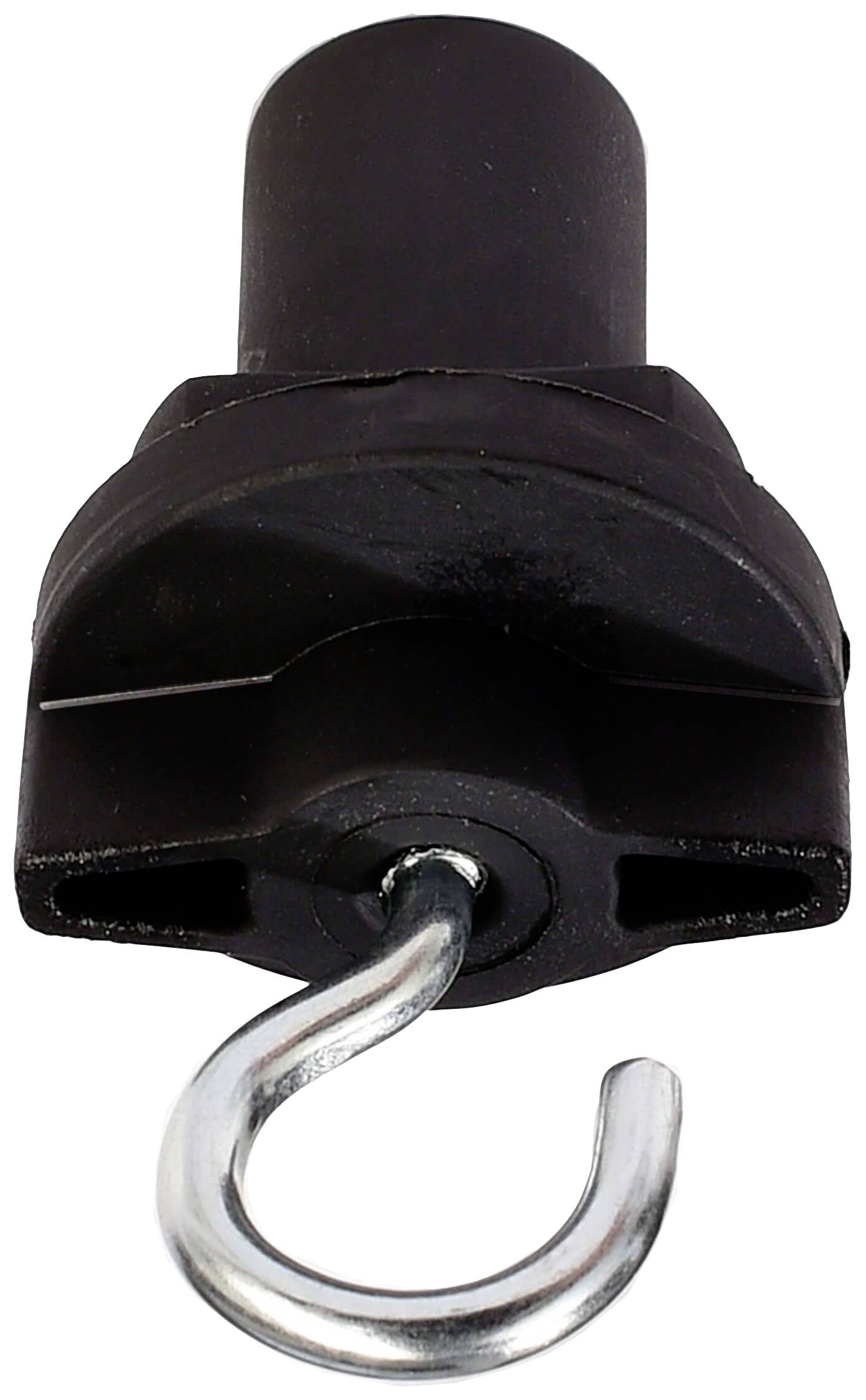 En svart plastdetalj med en metallkrok på undersidan. Detaljen har en cylindrisk form och ser teknisk ut.