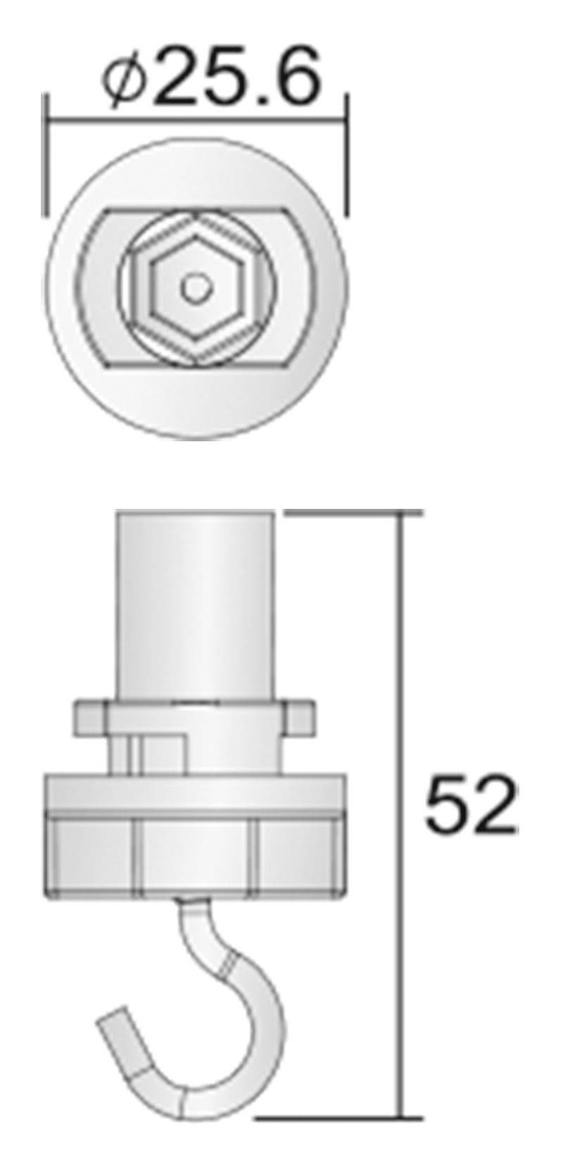 Teknisk ritning av en krok med mått: Diameter 25,6 mm överst, höjd 52 mm nedtill. Geometriska detaljer synliga.
