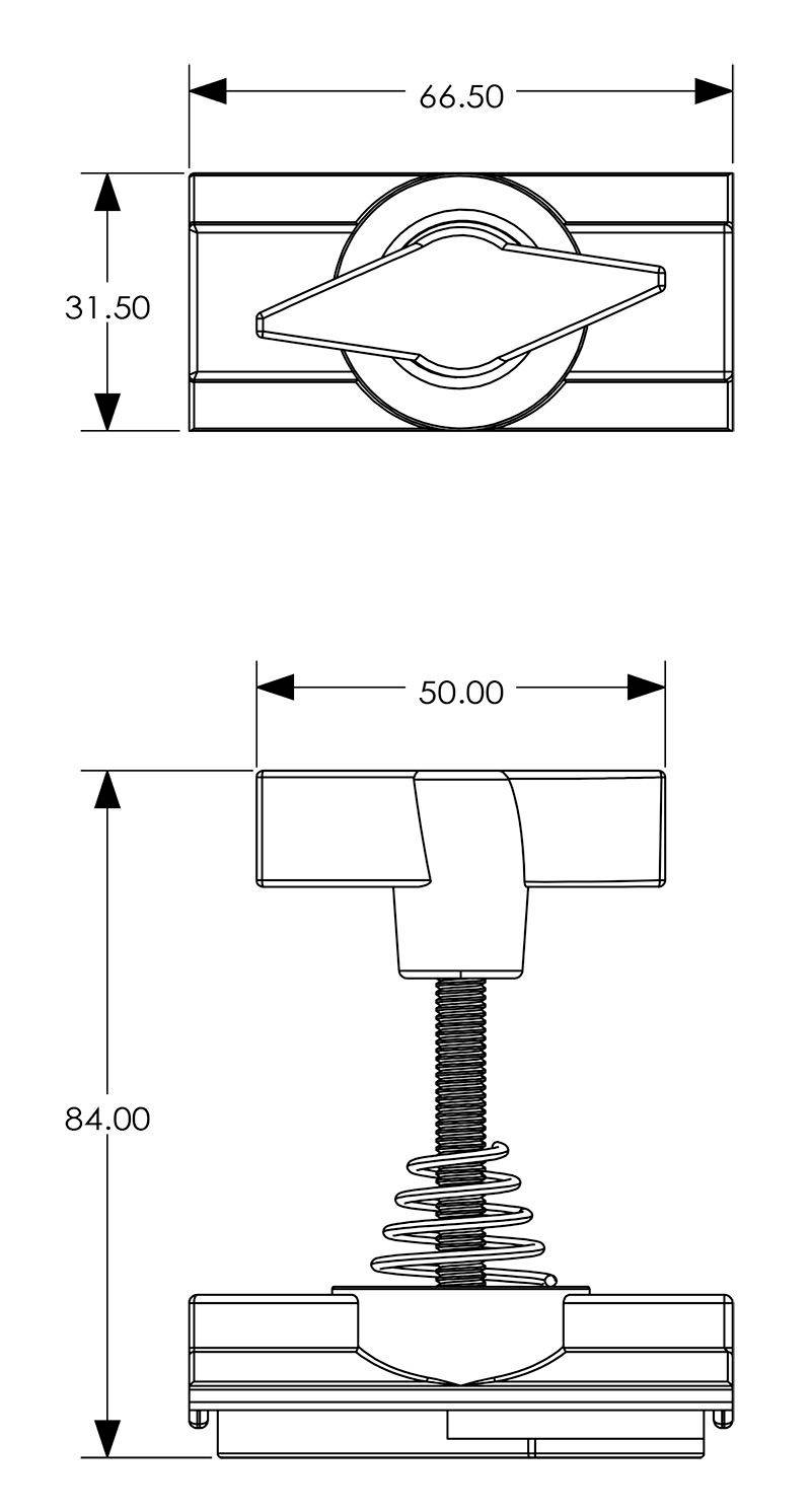 Teknisk ritning av ett klämfästelement med kvadratisk bas (66,50 mm bredd) och fjädermekanism (84,00 mm totalt), front- och sidovyer.
