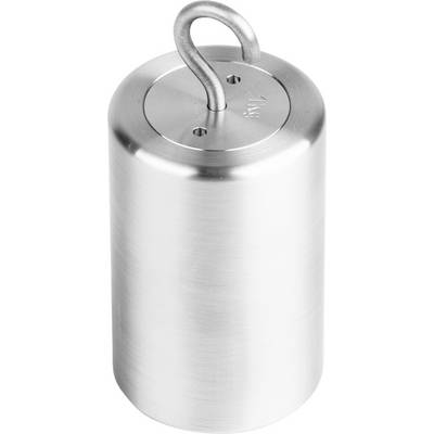 Ett silveraktigt cylindriskt metallvikt med krok, med '1 kg' graverat på ovansidan. Används för fysikaliska experiment eller träning.