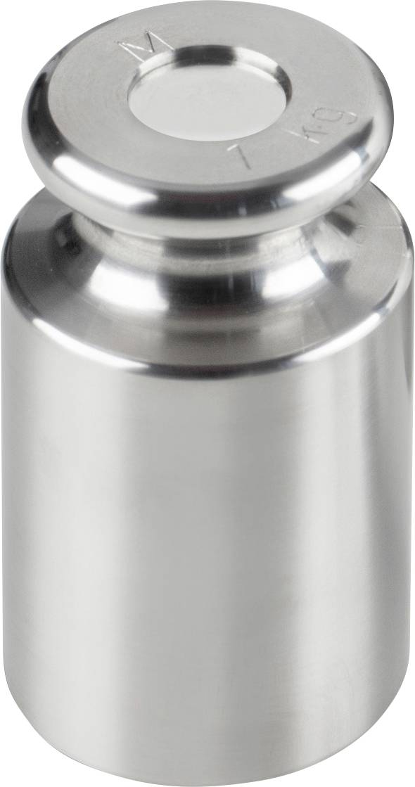 En metallisk vikt med cylindrisk form, blank finish och en ingraverad siffra på ytan.