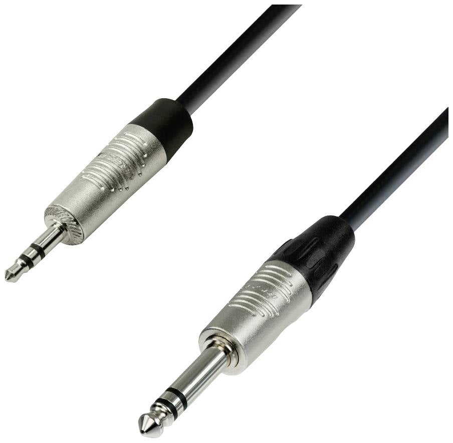 Två audiokabelkontakter, en 3,5 mm uttag och en 6,35 mm uttag, på vit bakgrund. De är anslutna med svarta kablar.