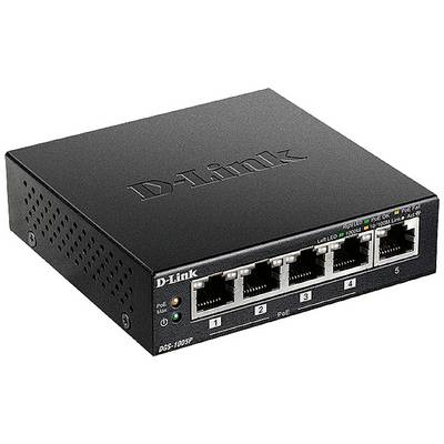 En svart D-Link nätverksswitch med fem Ethernet-portar, numrerade från 1 till 5. Vänster sida har gröna och orangefärgade lysdioder.