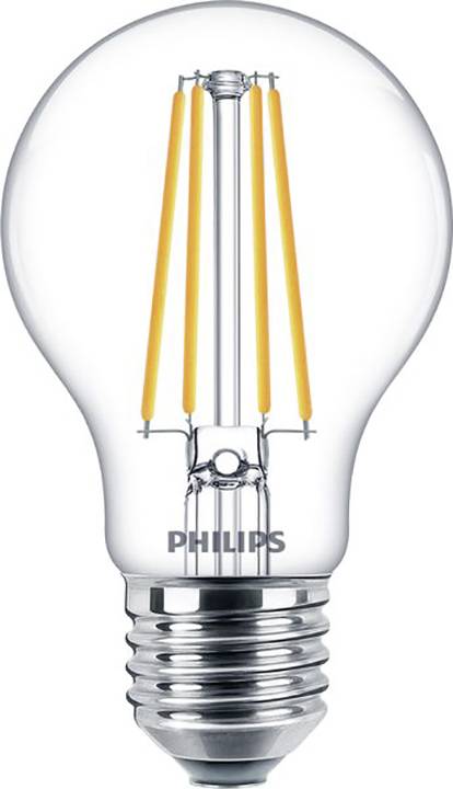 En klar glödlampa med synliga LED-filament, varumärket 'Philips' på sockeln.