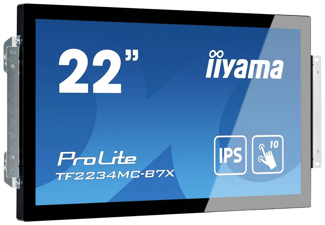 22-tums skärm med 'iiyama'-logotyp, modell 'ProLite TF2234MC-B7X', visar touch- och IPS-teknologi.