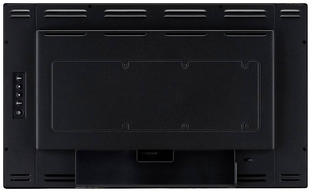 Baksidesvy av en svart platt skärm med anslutningar på sidan, lämplig för väggmontering.