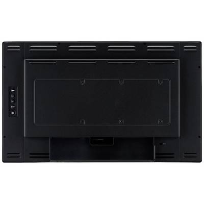 Bilden visar baksidan av en svart flatskärms-TV. Anslutningsfältet och ventilationsöppningarna är synliga.
