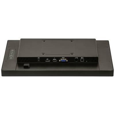 Baksidan av en skärm med anslutningar: likström, HDMI, VGA, ljudingång och USB. Till vänster finns kontrollknappar för meny och volym.