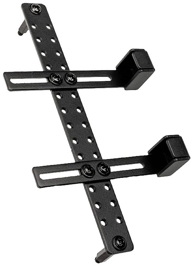 Svart, justerbar ramhållare med hål för flexibel montering. Lämplig för elektroniska enheter eller displayer.